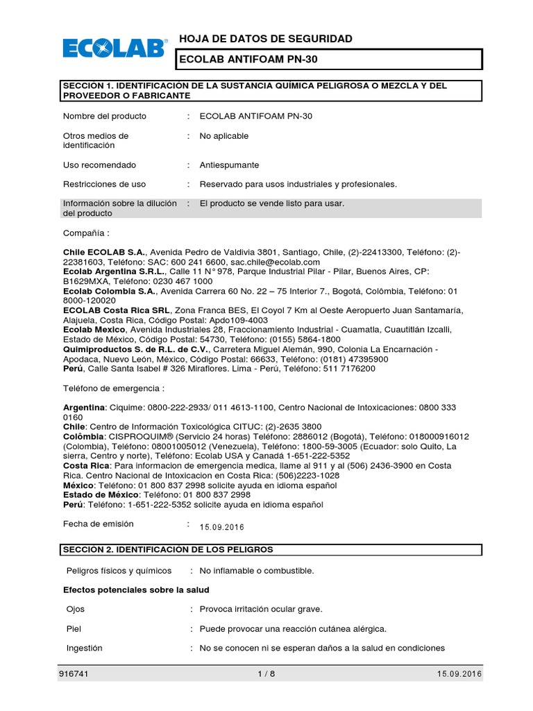 Antifoam PN30 (916741) SDS PDF Solubilidad Reciclaje