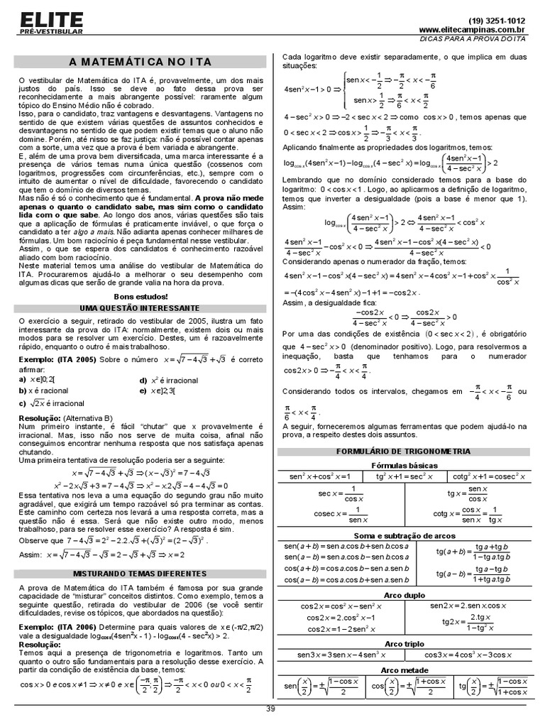 Dicas de Matemática para o ITA | PDF | Determinante | Matriz (Matemática)