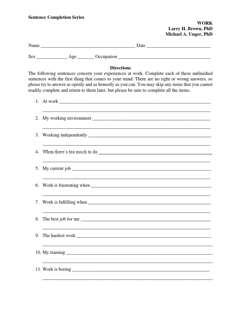 Work Experience Sentence Completion Test | PDF | Psychological Concepts ...