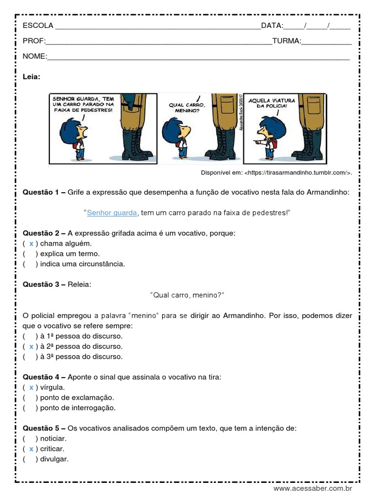 Atividade de Portugues Vocativo 8º Ano Respostas | PDF