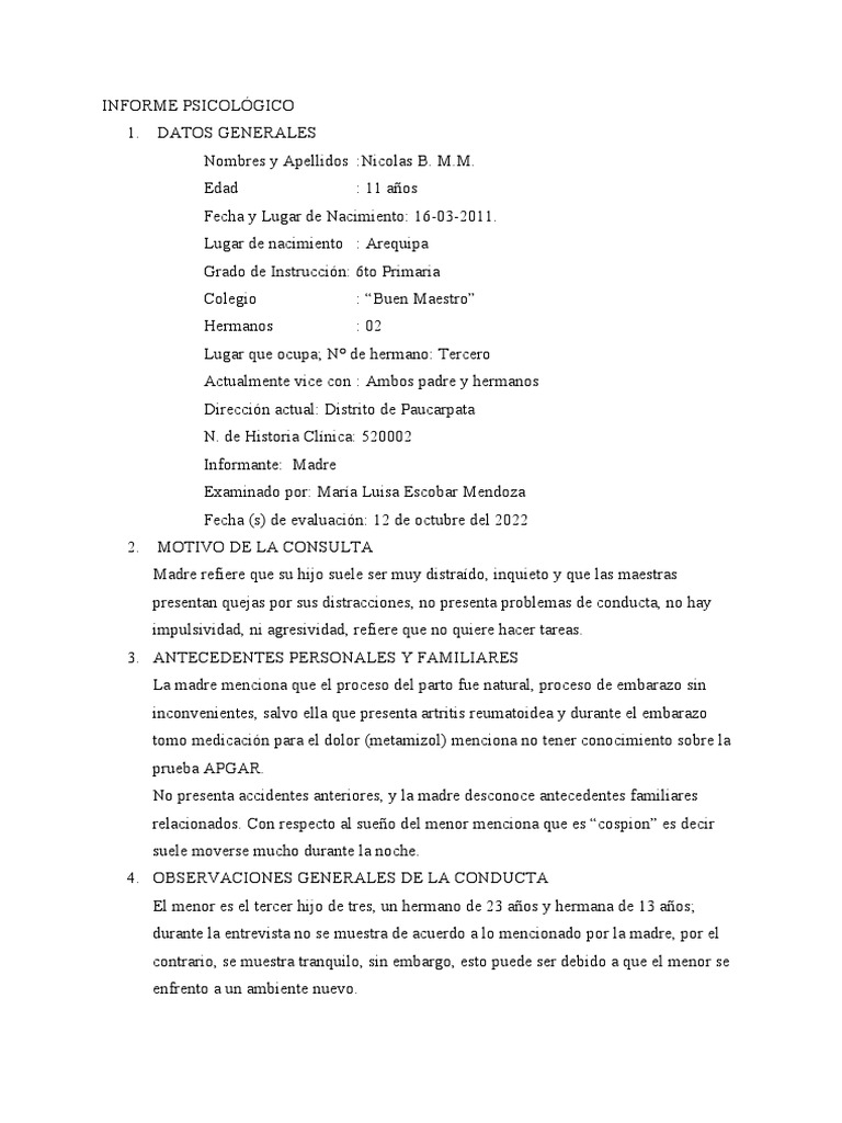 Informe Psicológico 1 | PDF | Cociente de inteligencia | Las emociones