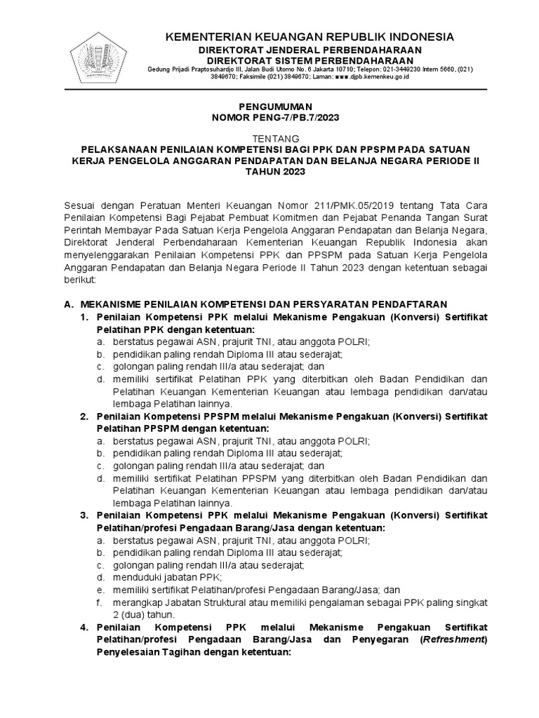 PENG - 7 - PB.7 - 2023 Pelaksanaan Penilaian Kompetensi Bagi PPK Dan