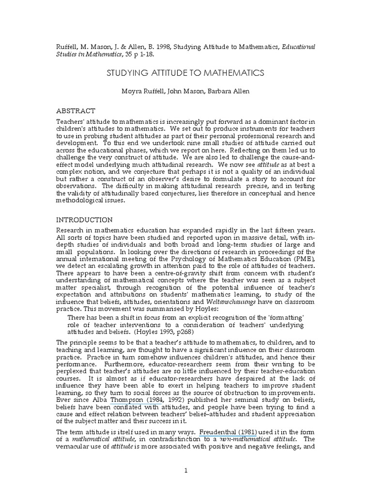 Studying Attitude To Mathematics | PDF | Attitude (Psychology) | Experience