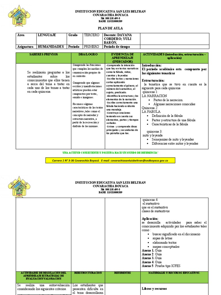 Plan de Aula: Lenguaje Grado Tercero | PDF