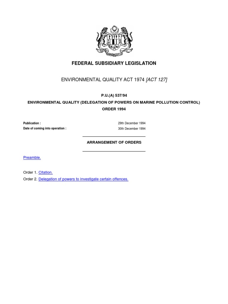 Environmental Quality Delegation of Powers On Marine Pollution Control ...