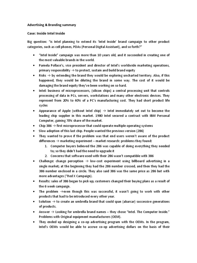 Case: Inside Intel Inside: Advertising & Branding Summary | PDF | Intel ...