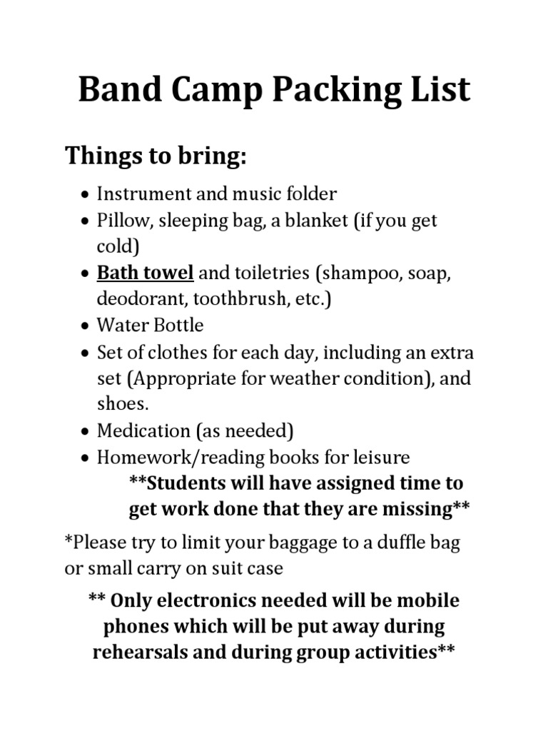 Band Camp Packing List PDF