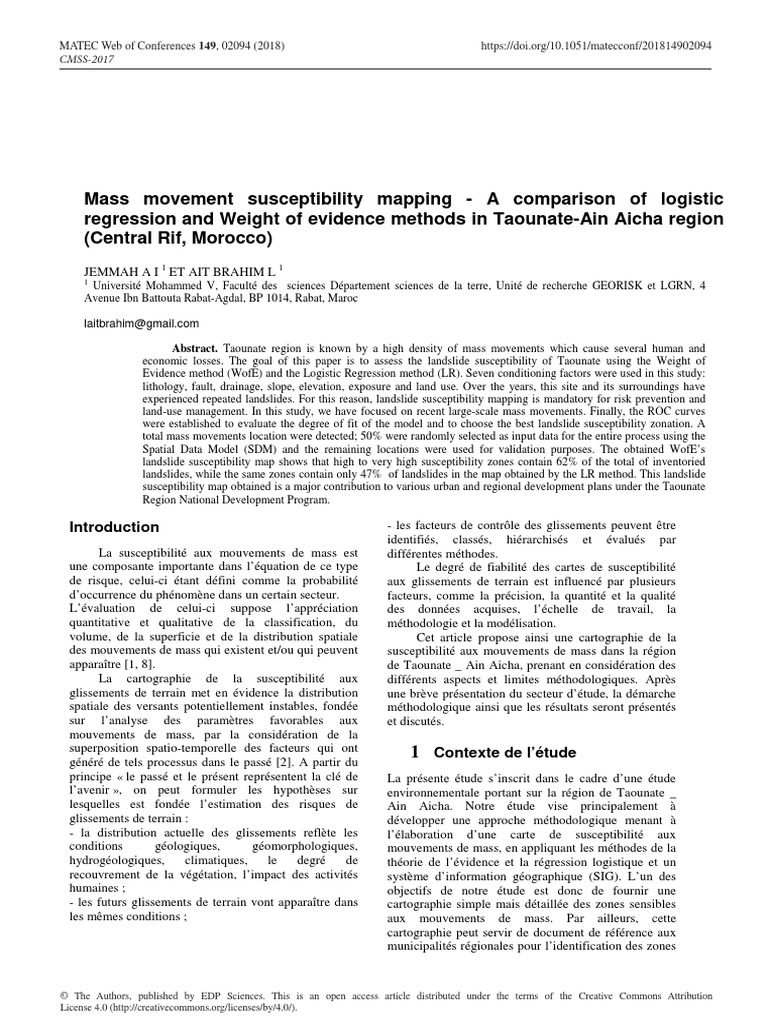 Mass Movement Susceptibility Mapping PDF Landslide Earth Sciences