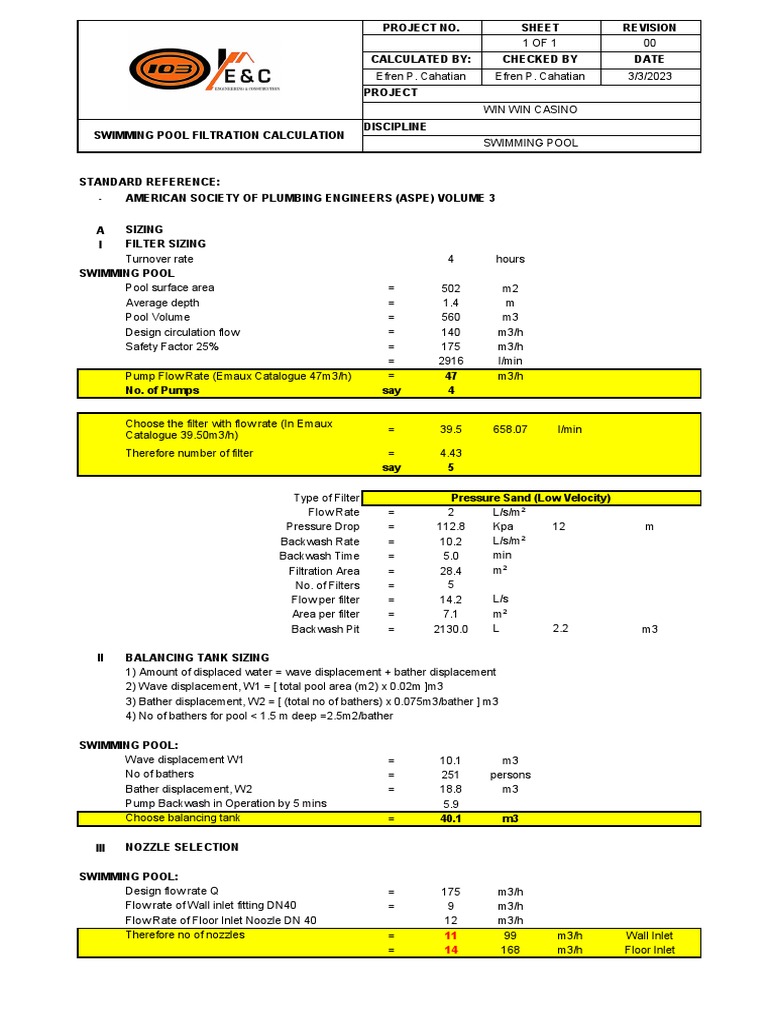 Swimming Pool CalculationApril 3 PDF Swimming Pool Flow Measurement