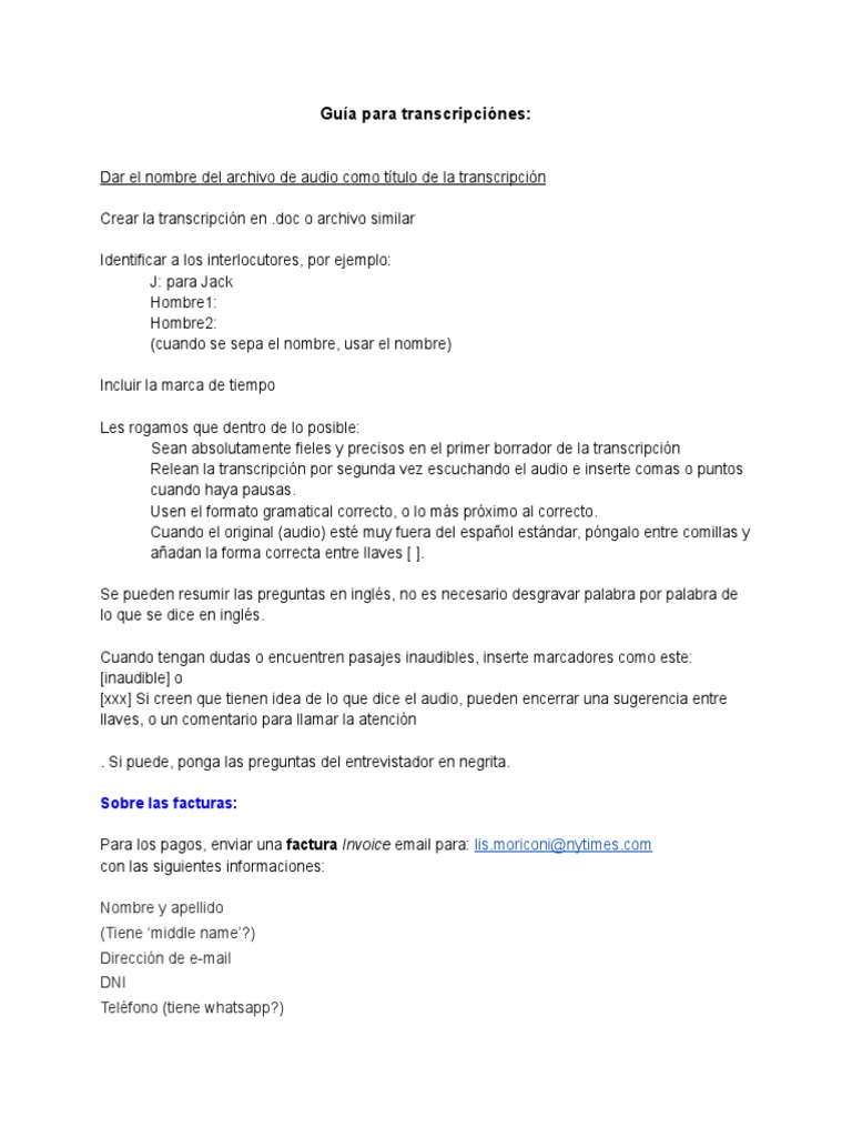 Transcription Format Instructions in Spanish PDF