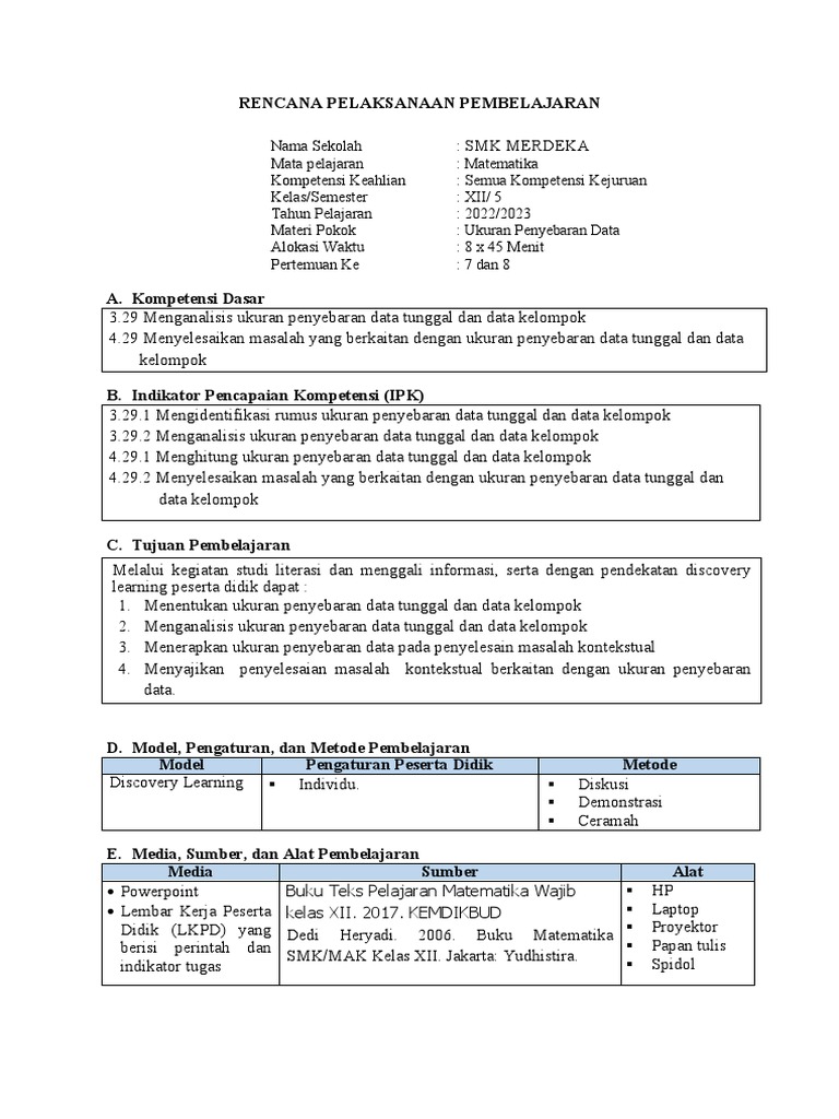 RPP Ukuran Penyebaran Data Matematika | PDF