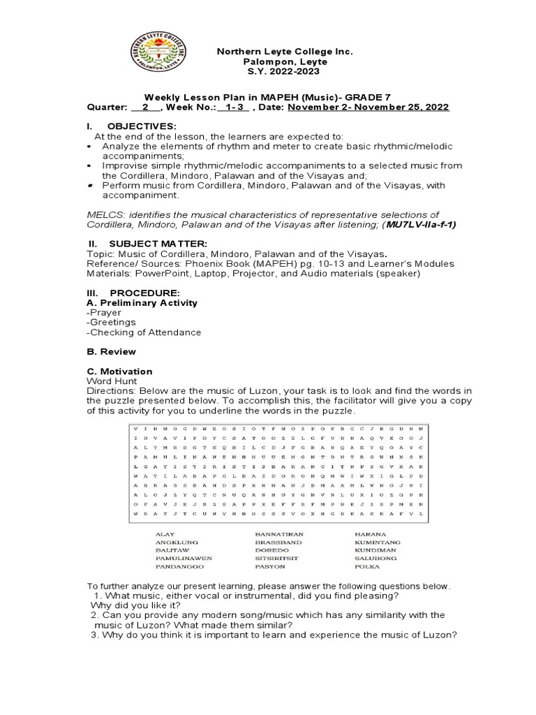 Lesson Plan Music 7 PDF Art
