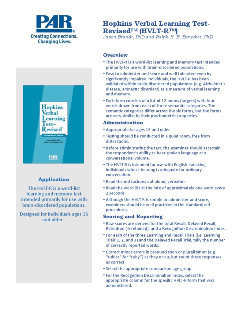 Hopkins Verbal Learning Test Revised™ (HVLTR) Edits PDF Recall