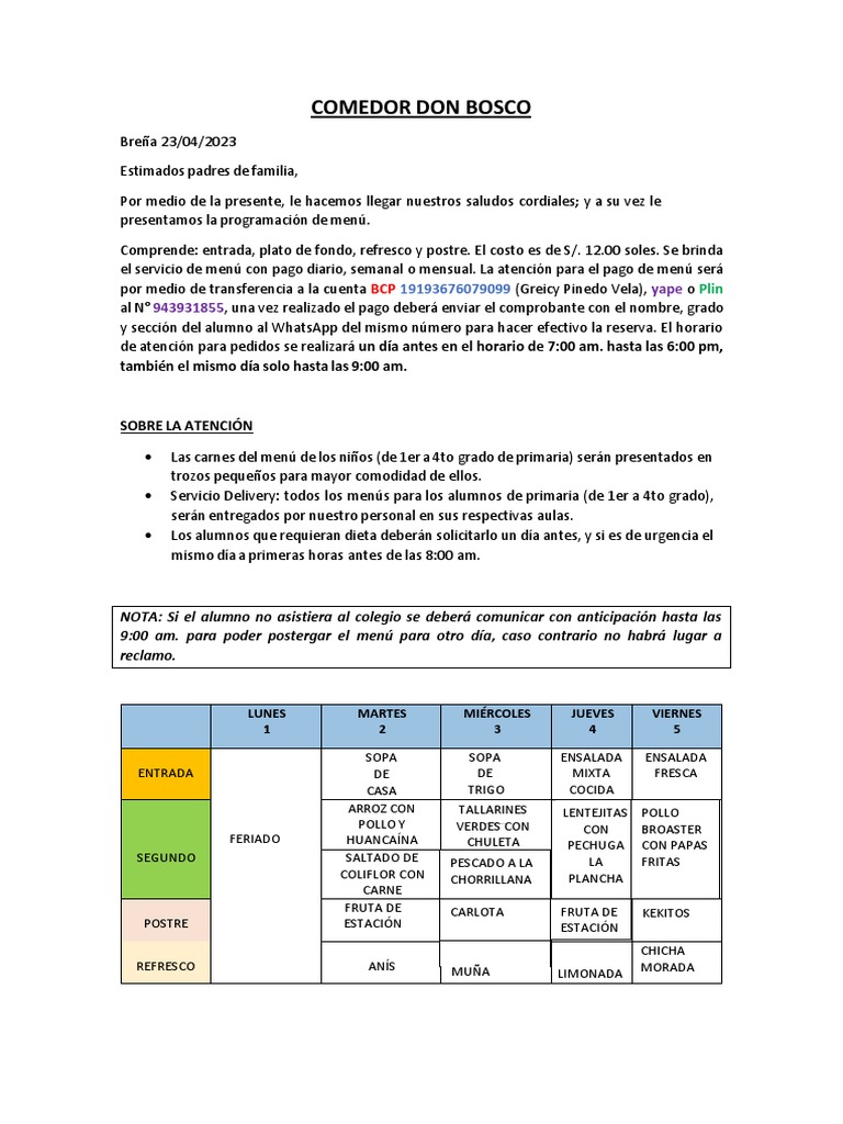 Programación de Menú Mayo | PDF | Cocina | Cocinando
