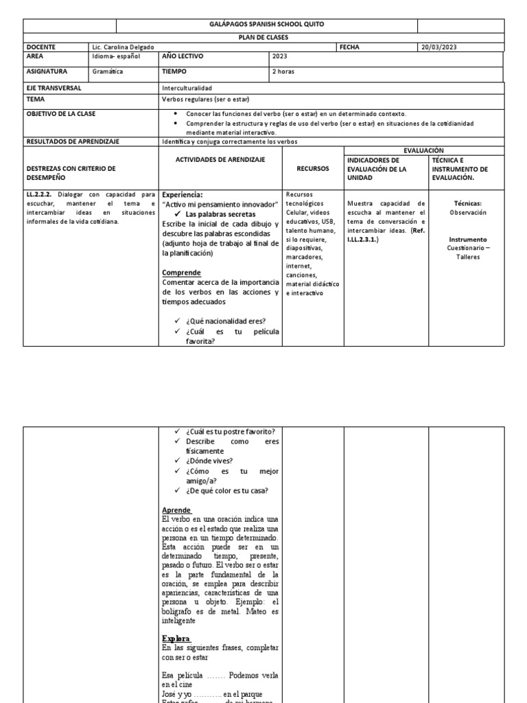 Plan de Clase: Verbos Ser y Estar | PDF | Evaluación | Verbo