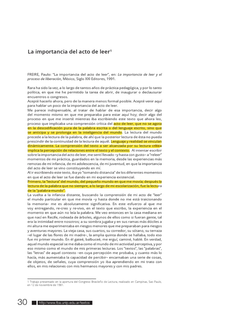 Freire-La Importancia Del Acto de Leer | PDF | Literatura | Experiencia
