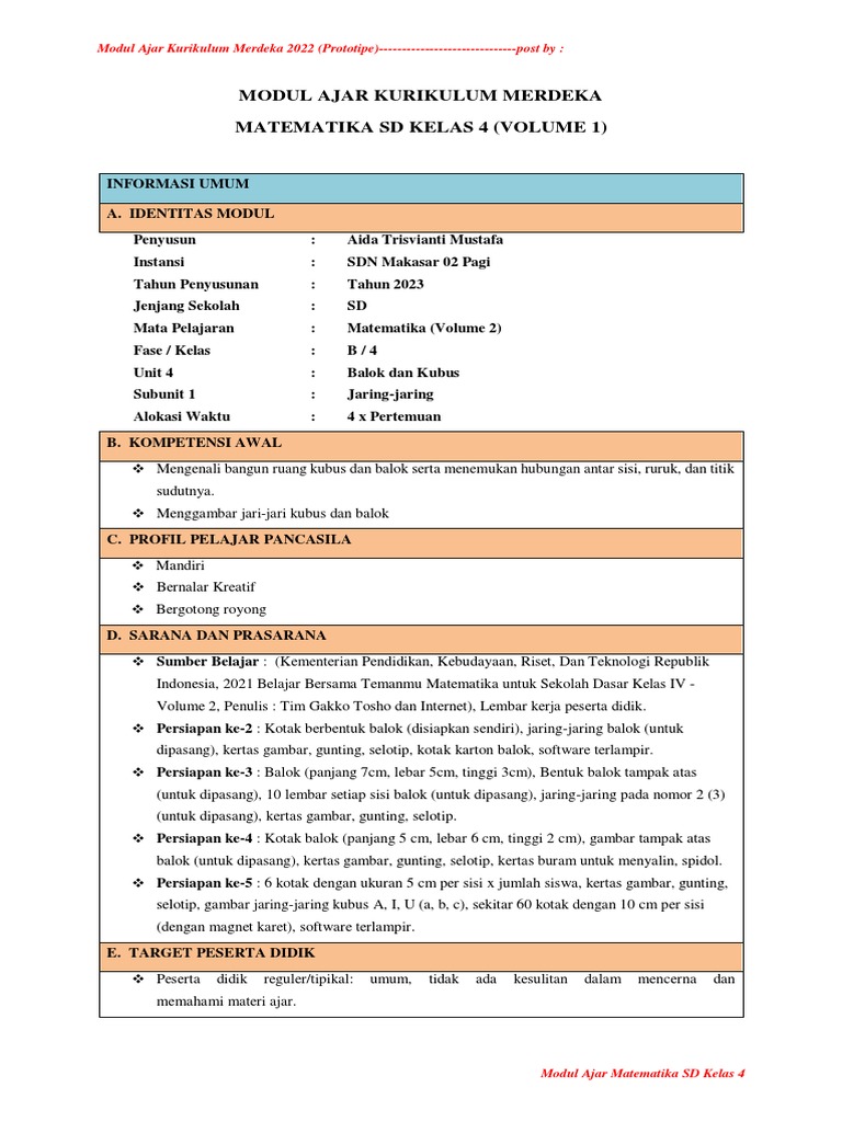 Modul Ajar Matematika Kelas 4 SD | PDF | Karier & Perkembangan | Griya ...