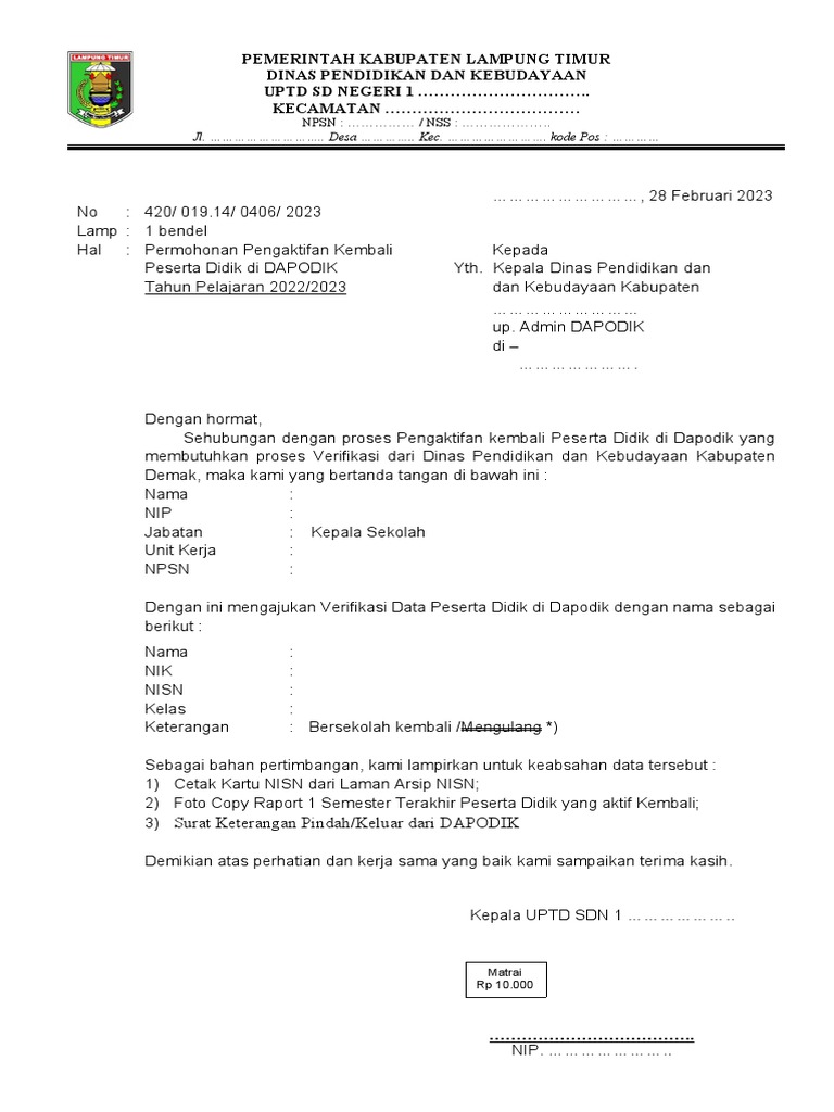 Surat permohonan pengaktifan kembali siswa 2022 pdf