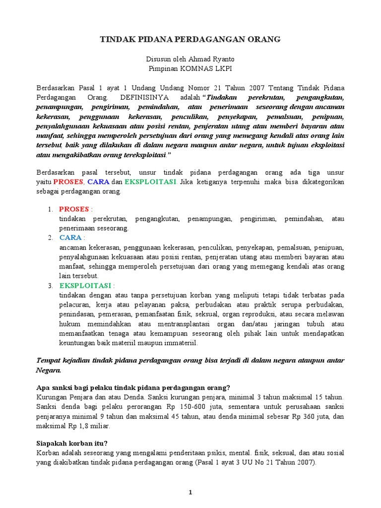 Unsur Tindak Pidana Perdagangan Orang | PDF