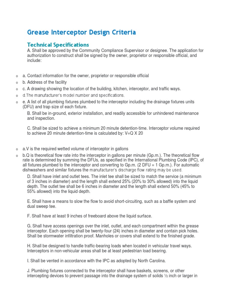 Grease Interceptor Design Criteria PDF Plumbing Environmental Engineering