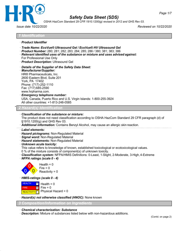 EcoVue®UltrasoundGel⁄EcoVueHVUltrasoundGelUSEN11sds PDF