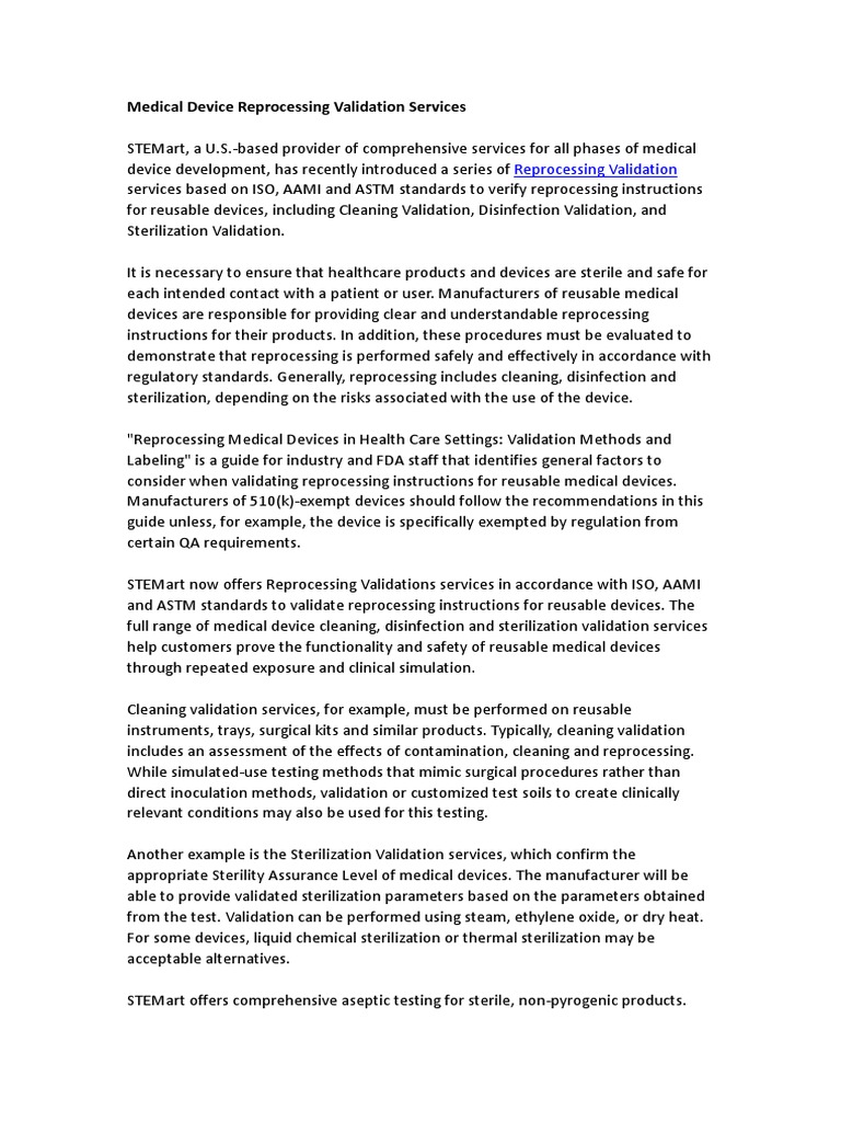 STEM-Medical Device Reprocessing Validation Services | PDF | Medical ...