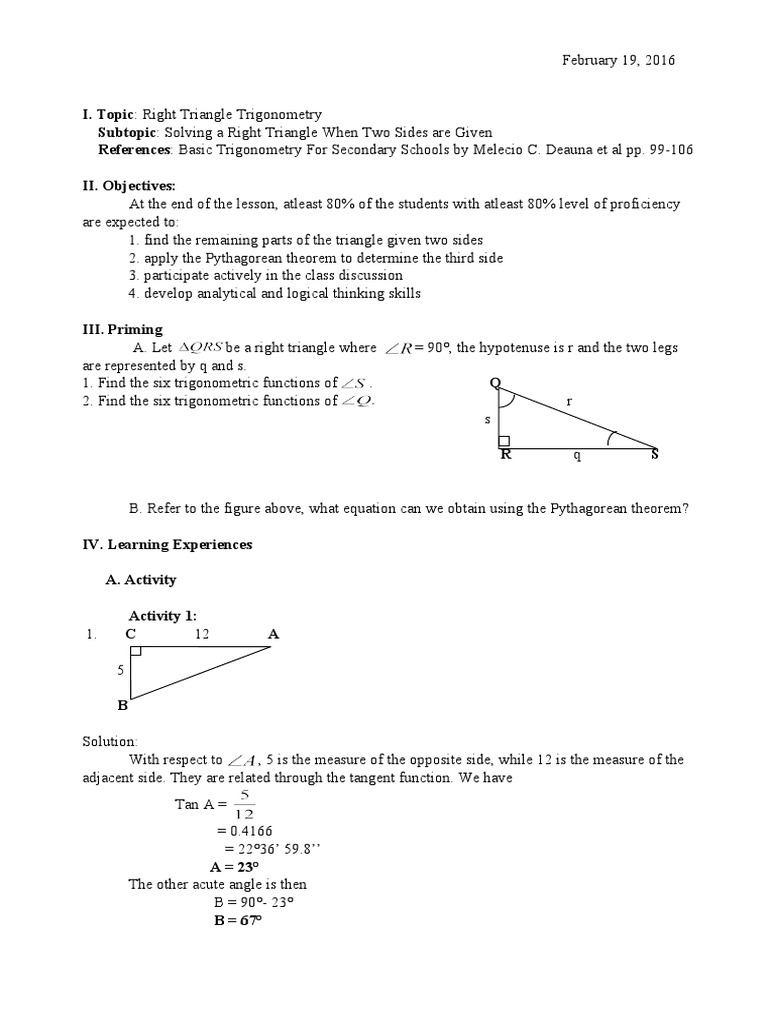 LP15 Feb 19 Solving A Right Triangle When Two Sides Are Given | PDF ...