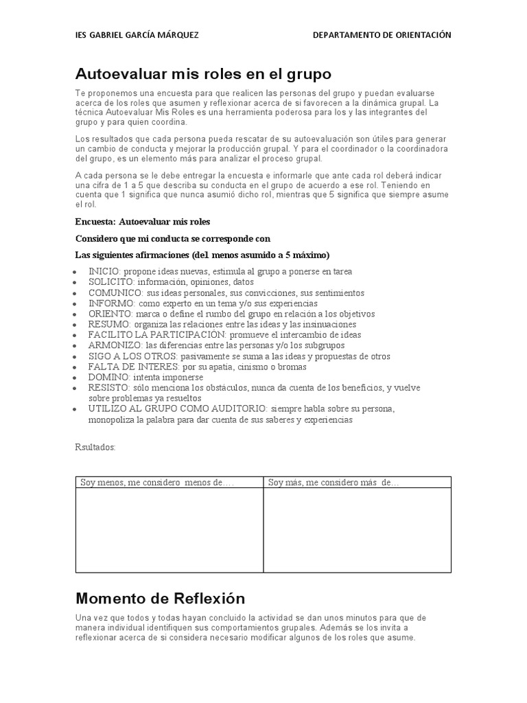 Evaluar Mis Roles en El Grupo | PDF | Comportamiento | Sicología