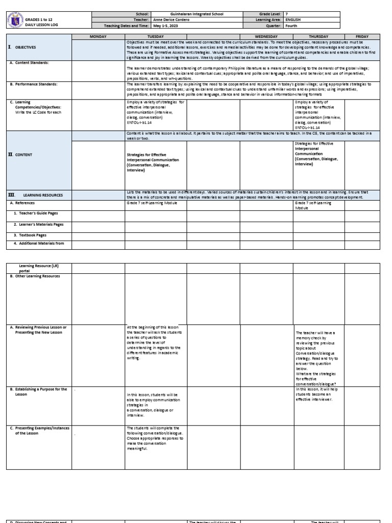 Grade 7 English Daily Lesson Log | PDF | Learning | Teachers
