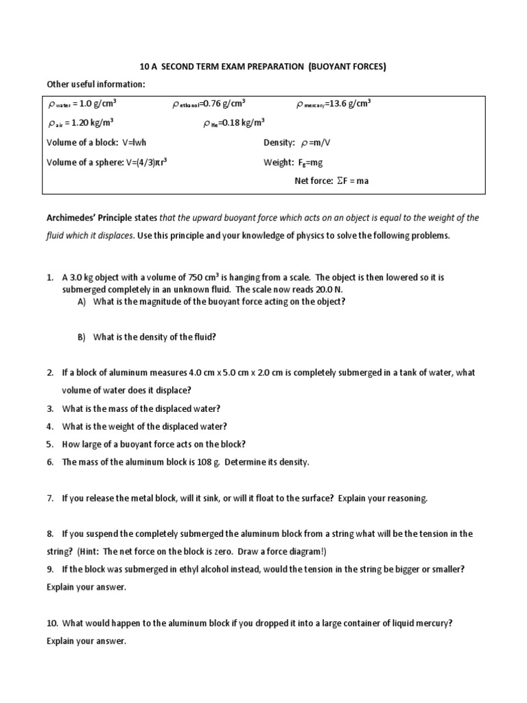 10th Grades Buoyancy Worksheet PDF Buoyancy Density