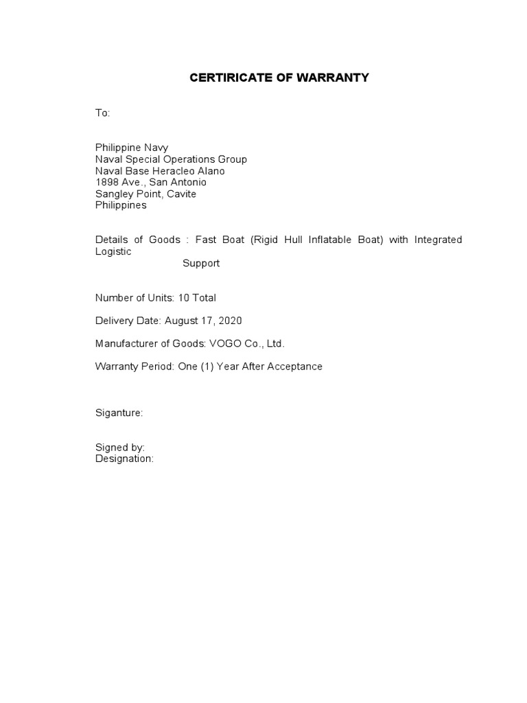 Warranty Certificate Template PDF