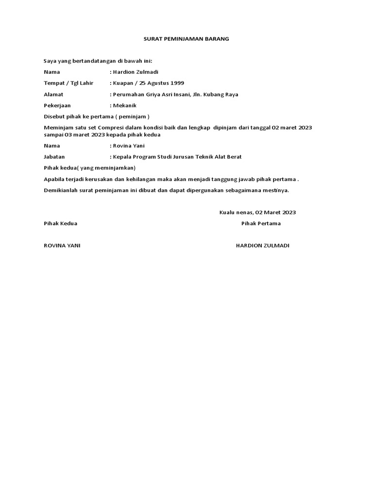Surat Peminjaman Barang | PDF