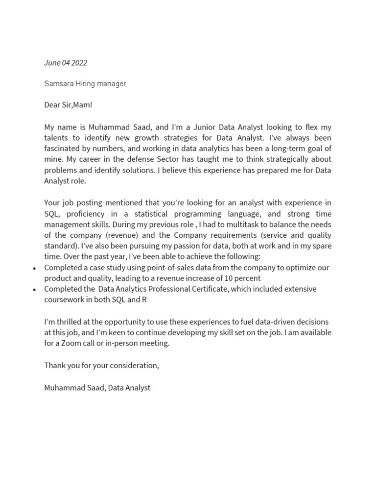 Data Analyst Cover Letter PDF