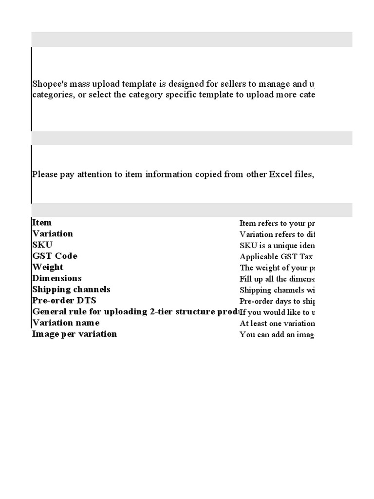 Shopee Mass Upload Template Guide | PDF