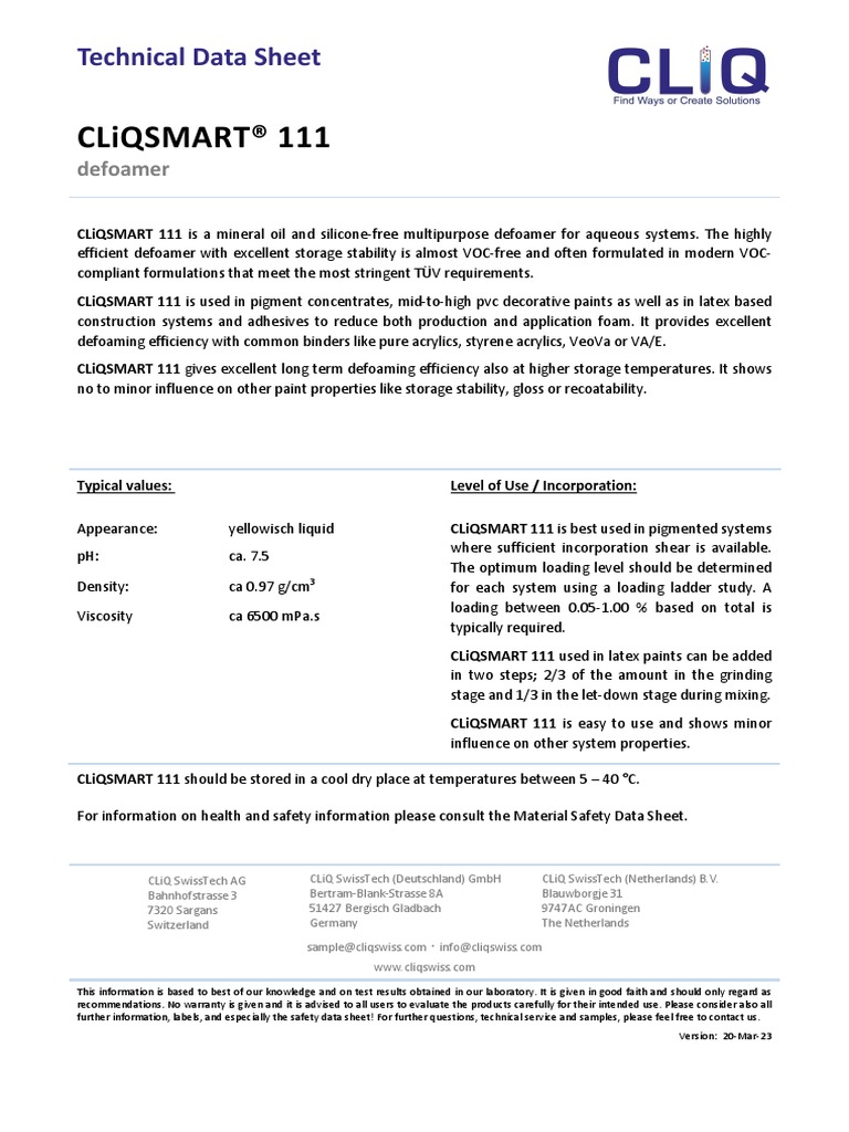Cliq Cliqsmart 111 Technical Data Sheet | PDF | Paint | Acrylic Paint