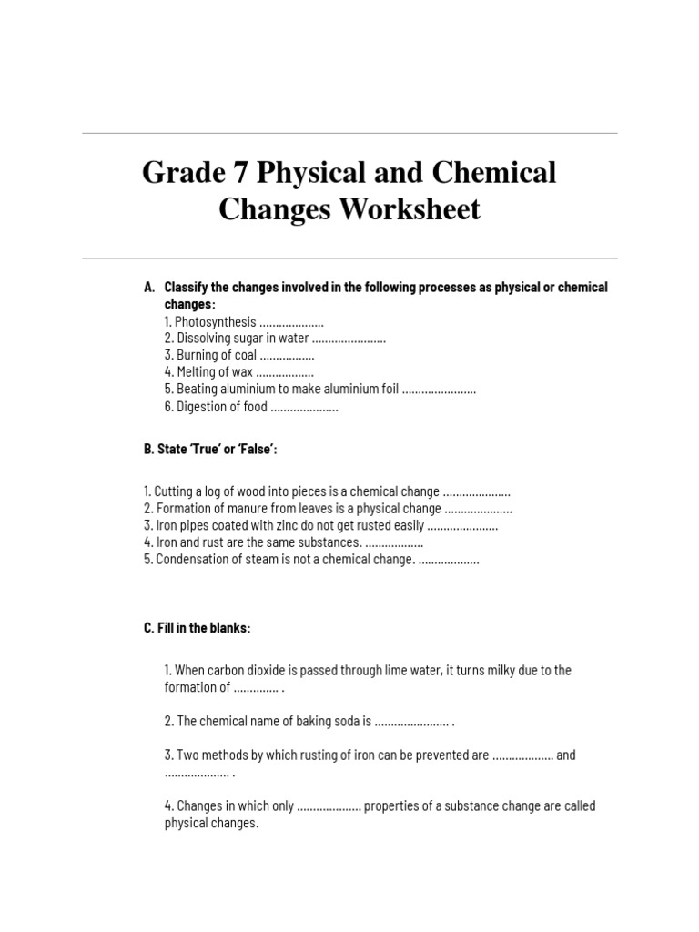 Grade 7 Physical and Chemical Changes Worksheet Download Free PDF