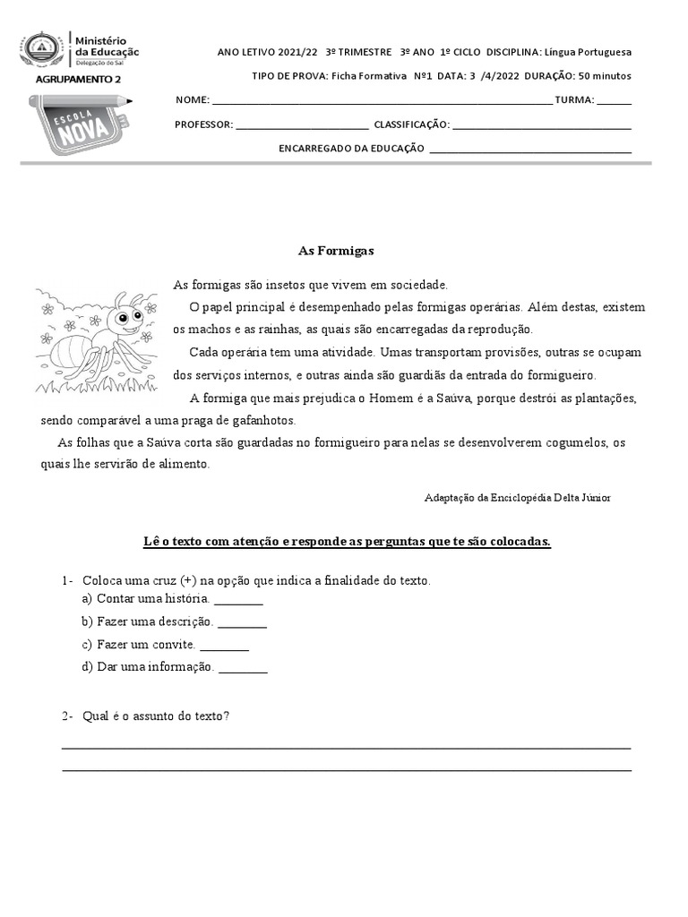 FICHA DE EXERCÍCIO DE L. PORTUGUESA - 3º ANO - EN-3º Trimestre | PDF ...