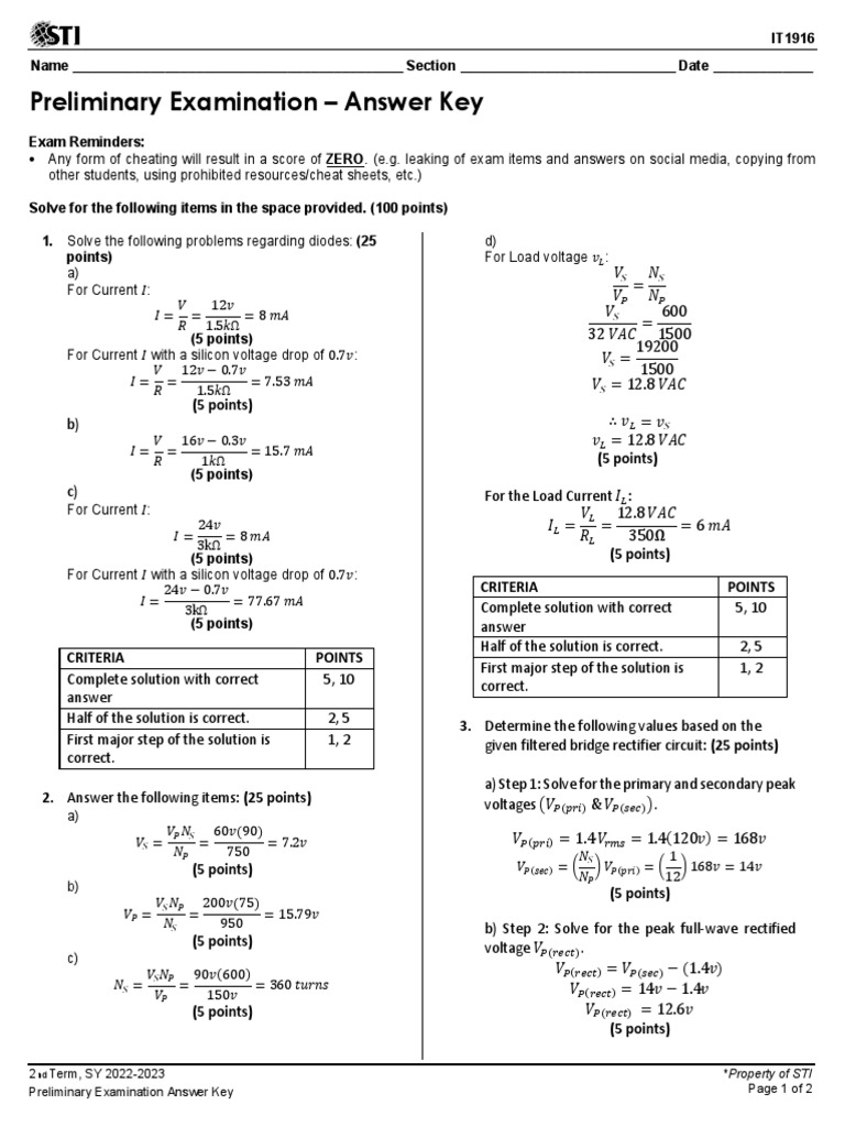 STI Preliminary Exam Answer Key | PDF | Rectifier | Electrical Components