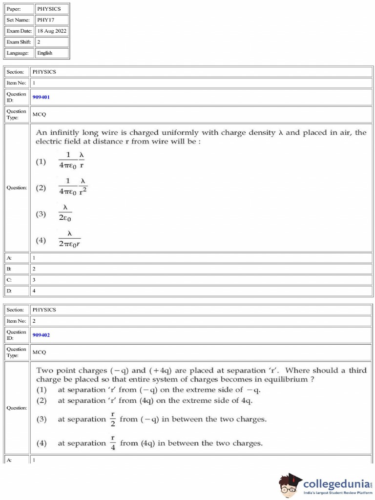 CUET 2022 Physics Question Paper | PDF