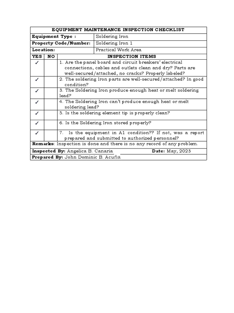 Equipment Maintenance Inspection Checklist PDF