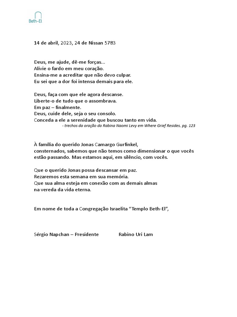 Carta de Pesar para A Família Gurfinkel Rabino Uri e Sérgio Napchan