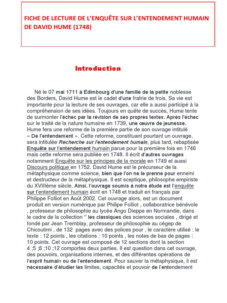 Hume : Enquête sur l'entendement humain | PDF