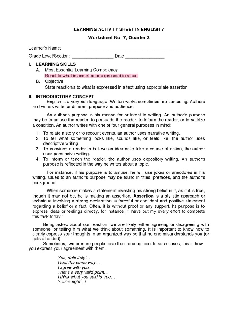 Worksheet No. 7, Quarter 3: Learning Activity Sheet in English 7 | PDF ...