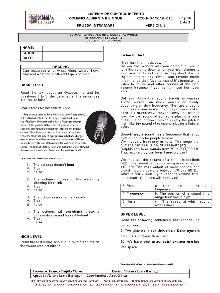 Intramaps Test for Fifth Grade Students | PDF | Sound | Pitch (Music)