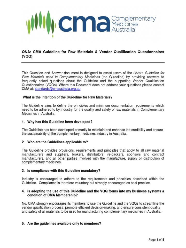 Q A Raw Material Guideline Vendor Qualification Forms 2015 PDF