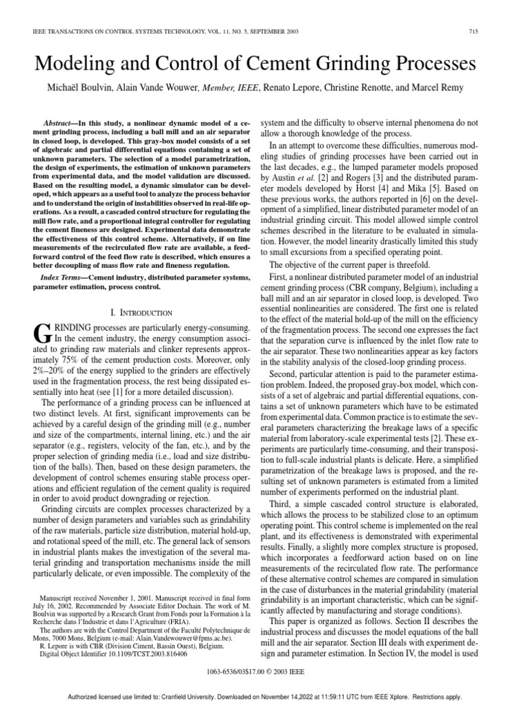Modeling and Control of Cement Grinding Processes | PDF | Mill ...