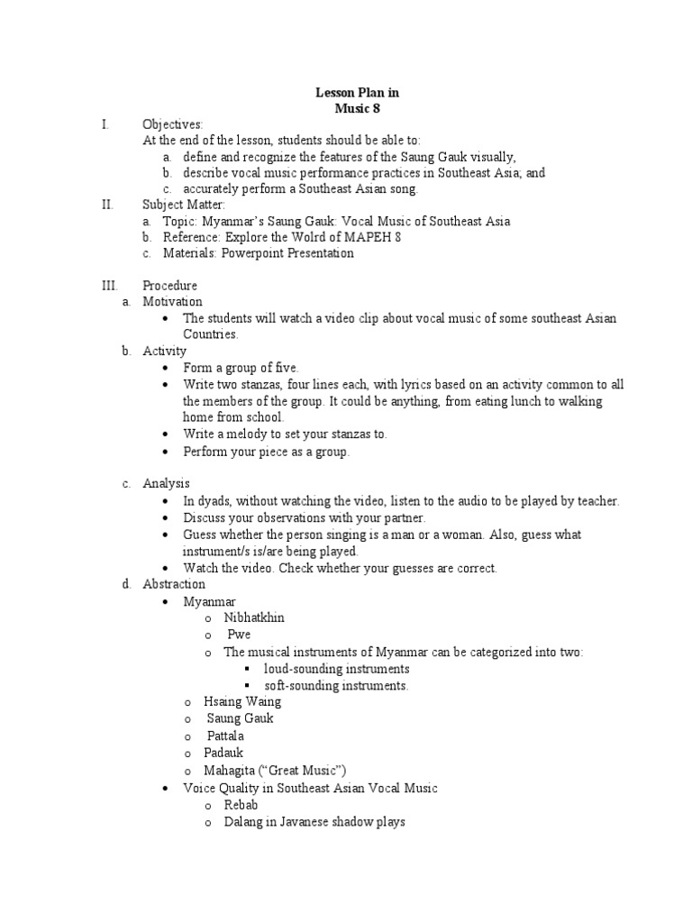 Myanmar Saung Gauk Music Lesson Plan | PDF | Performing Arts