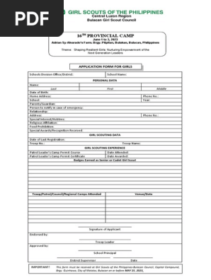 Application Parents Consent Health Examination Forms Camp