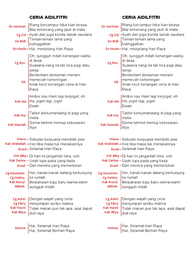 CERIA AIDILFITRI Lirik Lagu Raya | PDF