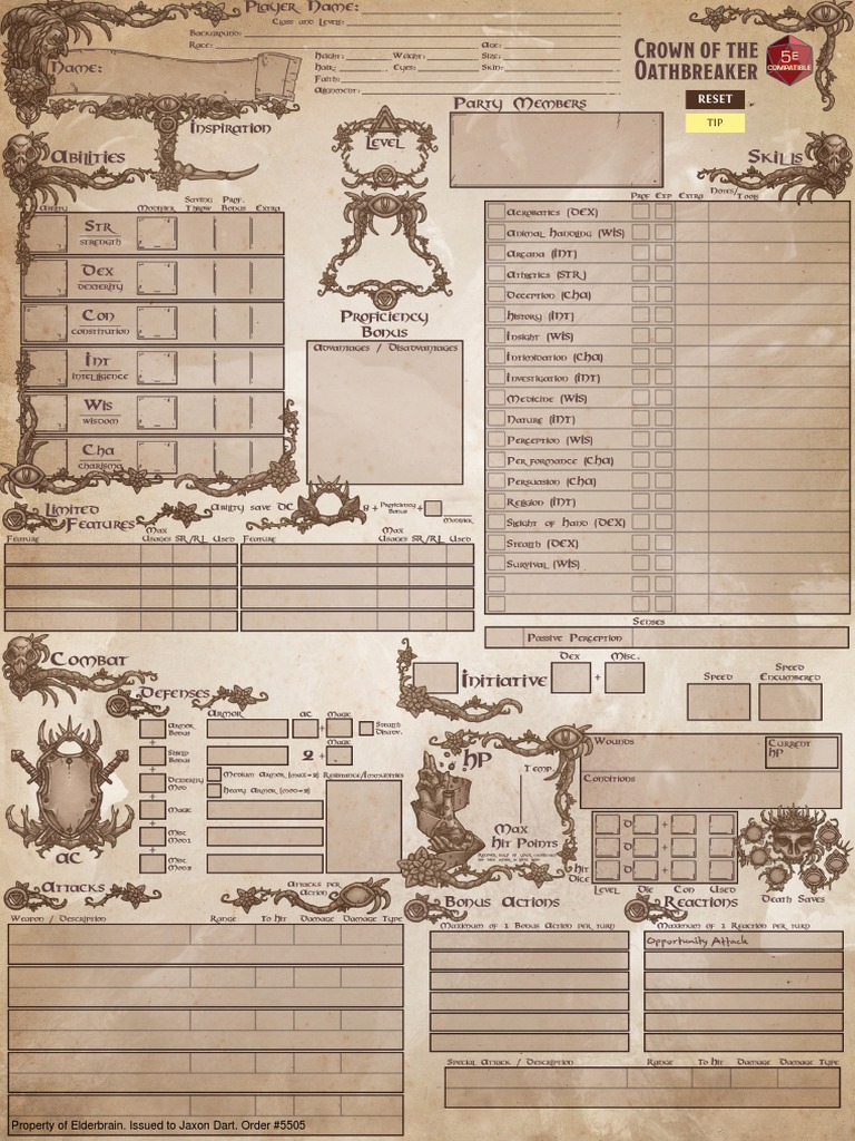 Crown of The Oathbreaker Character Sheet PDF